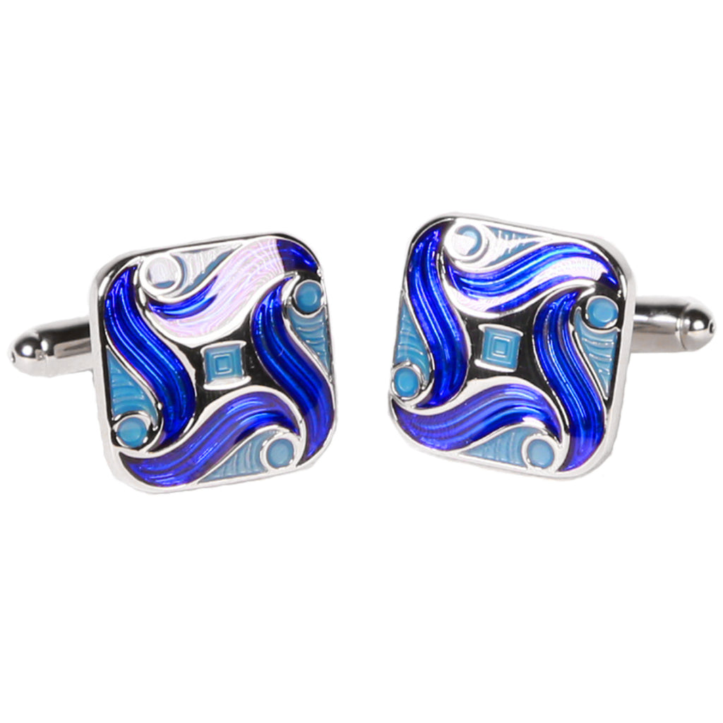 Silvertone Square Blue Swirl Geometric Pattern Cufflinks with Jewelry Box - FHYINC best men