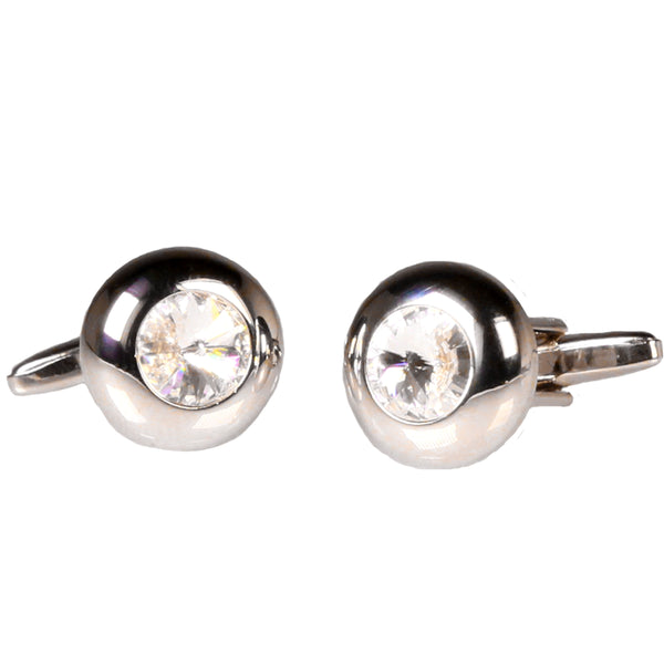 Silvertone Circle Silver Stone Cufflinks with Jewelry Box - FHYINC best men's suits, tuxedos, formal men's wear wholesale