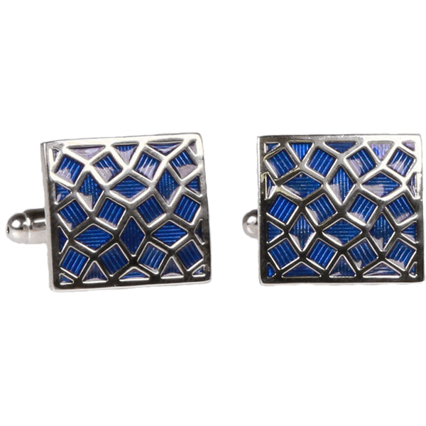 Silvertone Square Blue Geometric Pattern Cufflinks with Jewelry Box - FHYINC best men's suits, tuxedos, formal men's wear wholesale