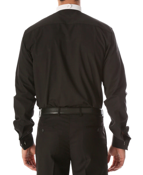 Black Mandarin Collar Clergy Shirt with FULL CIRCLE TAB - FHYINC best men's suits, tuxedos, formal men's wear wholesale