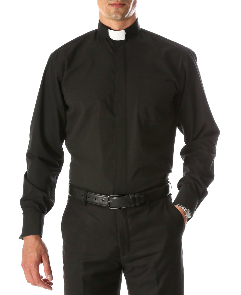 Black Clergy Deacon Bishop Priest Mandarin Half-Tab Collar Dress Shirt - FHYINC best men