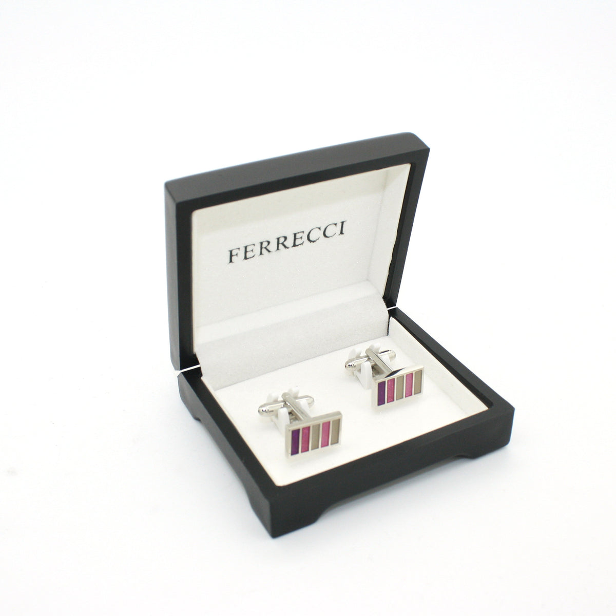 Silvertone Lavender Stripe Cuff Links With Jewelry Box - FHYINC