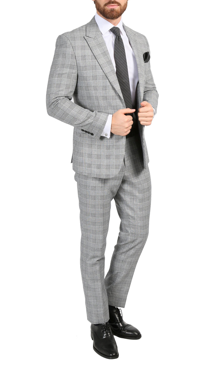 Conrad Skinny Slim Fit Grey 2pc Glen Plaid Peak Lapel Suit - FHYINC best men's suits, tuxedos, formal men's wear wholesale