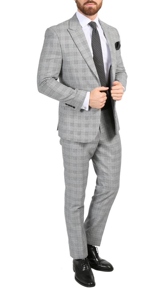 Conrad Skinny Slim Fit Grey 2pc Glen Plaid Peak Lapel Suit - FHYINC best men