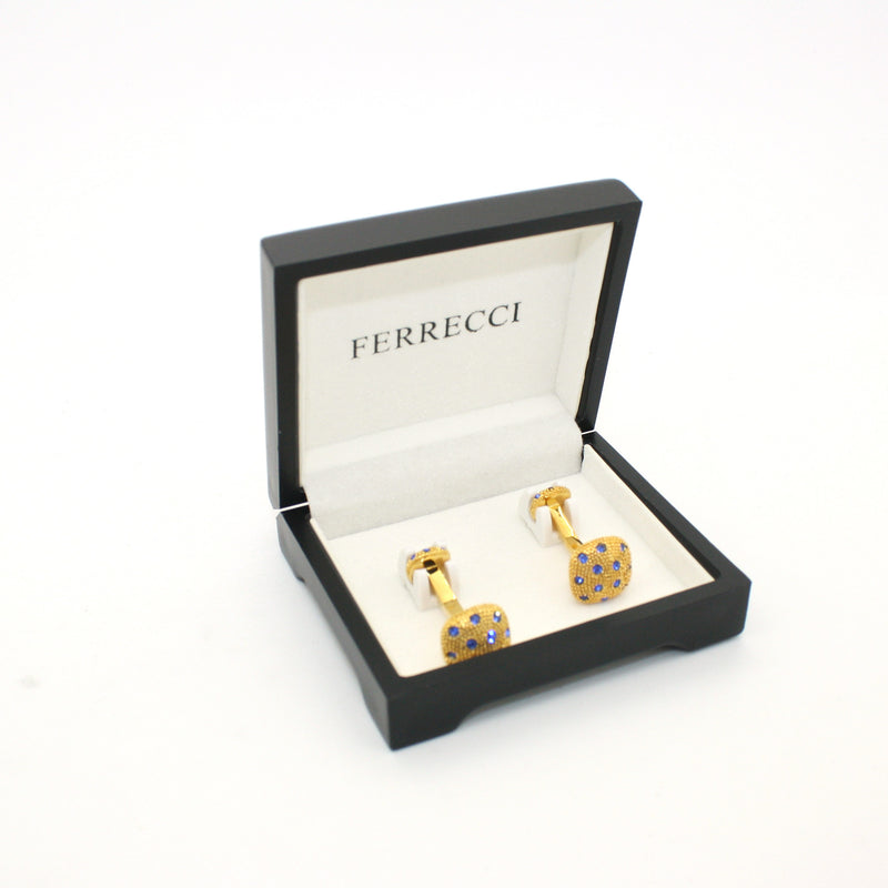 Goldtone Blue Gemstone #2 Metal Cuff Links With Jewelry Box - FHYINC