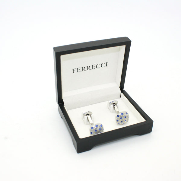 Silvertone Blue Gemstone Metal Cuff Links With Jewelry Box - FHYINC