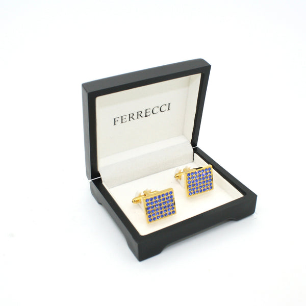 Goldtone Royal Blue Gemstone Cuff Links With Jewelry Box - FHYINC