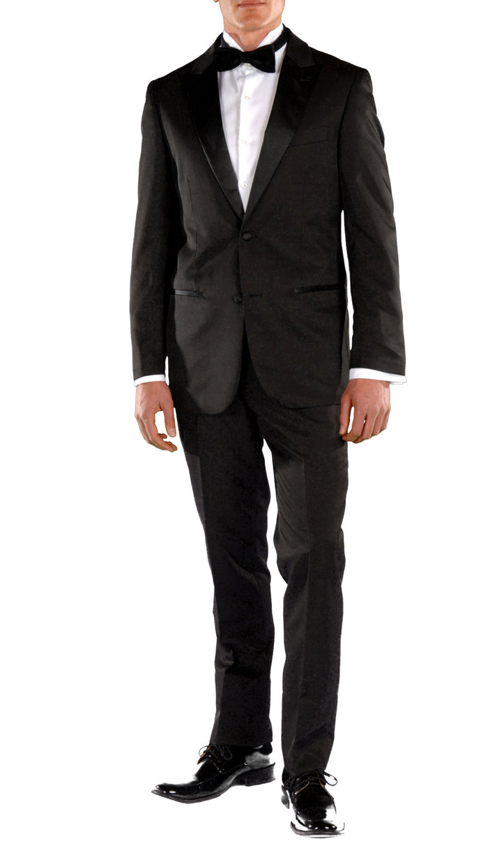 Black Slim Fit Peak Lapel 2pc Tuxedo - Crisp - FHYINC best men's suits, tuxedos, formal men's wear wholesale