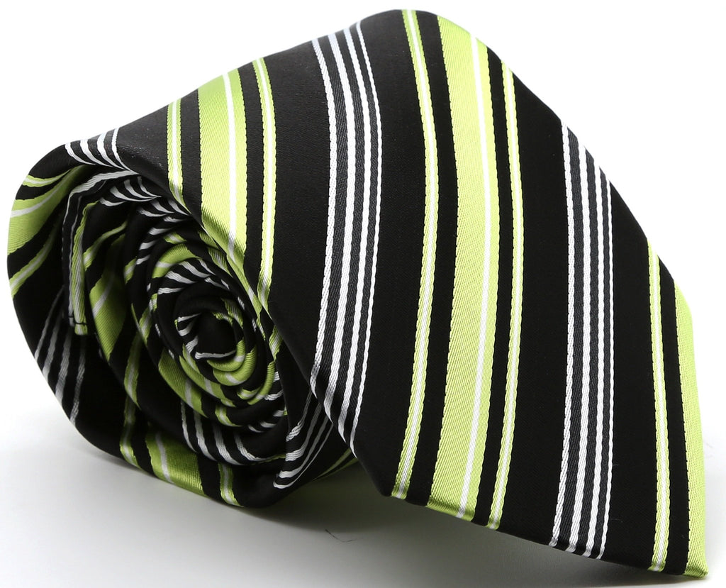 Mens Dads Classic Black Green Striped Pattern Business Casual Necktie & Hanky Set D-2 - FHYINC best men