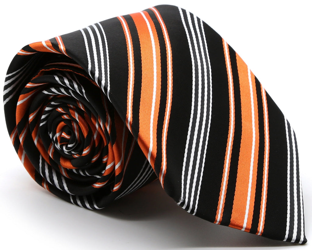 Mens Dads Classic Black Orange Striped Pattern Business Casual Necktie & Hanky Set D-4 - FHYINC best men