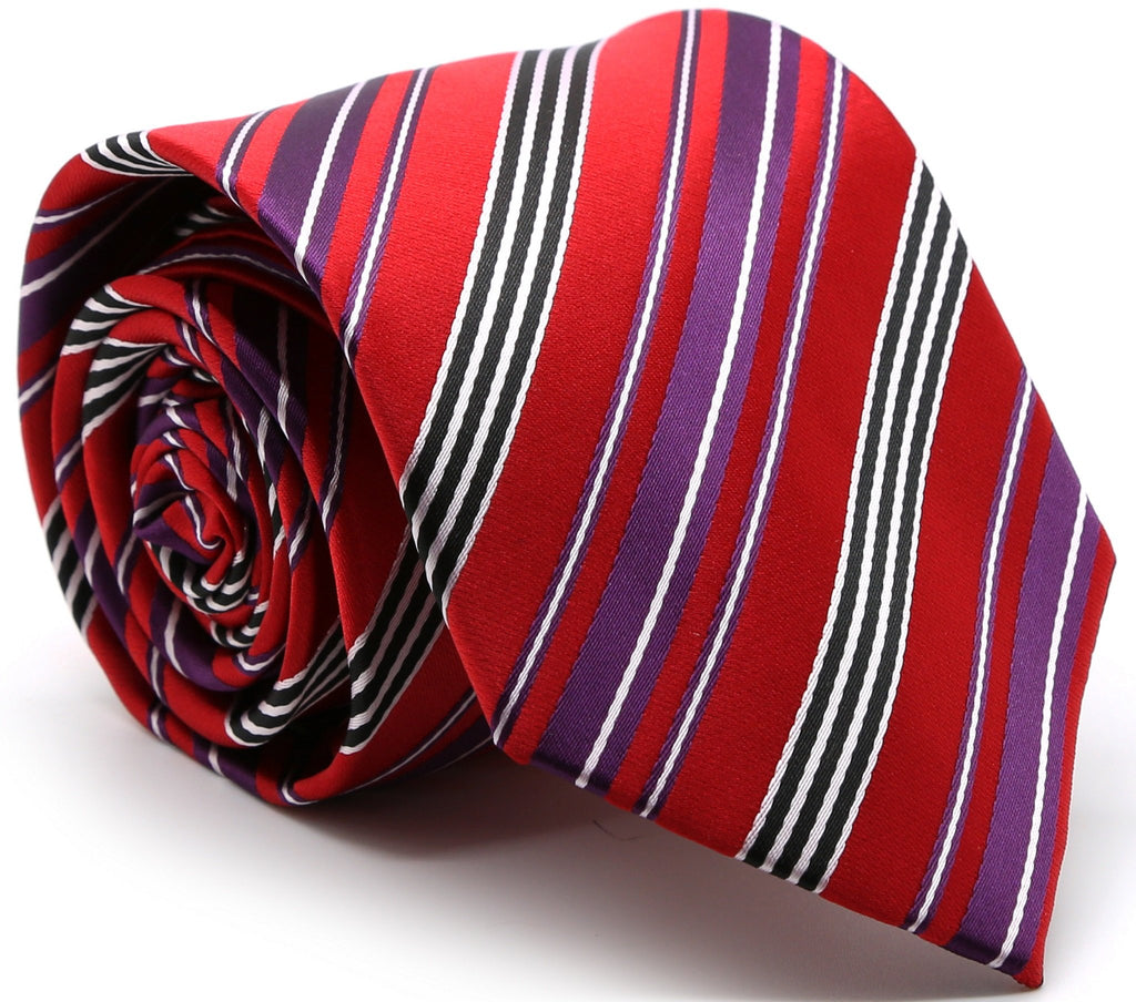 Mens Dads Classic Red Striped Pattern Business Casual Necktie & Hanky Set D-5 - FHYINC best men
