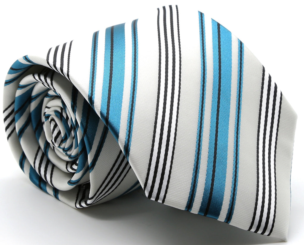 Mens Dads Classic Turquoise Striped Pattern Business Casual Necktie & Hanky Set D-9 - FHYINC best men