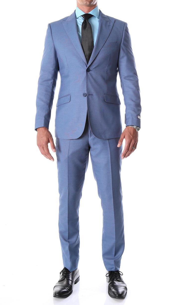 Detroit Slim Fit Blue Birdseye Peak Lapel 2pc Suit - FHYINC best men's suits, tuxedos, formal men's wear wholesale