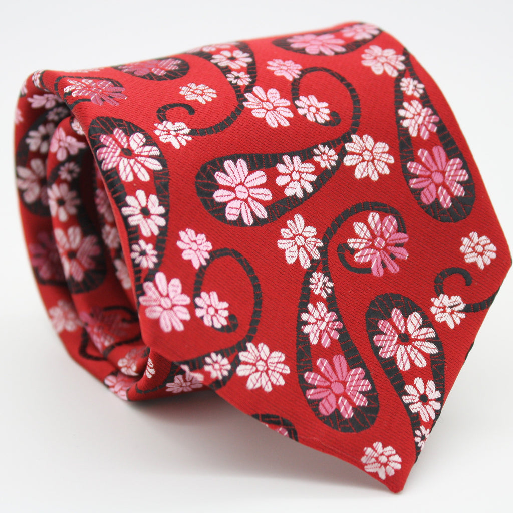 Mens Dads Classic Red Floral Pattern Business Casual Necktie & Hanky Set DF-4 - FHYINC best men