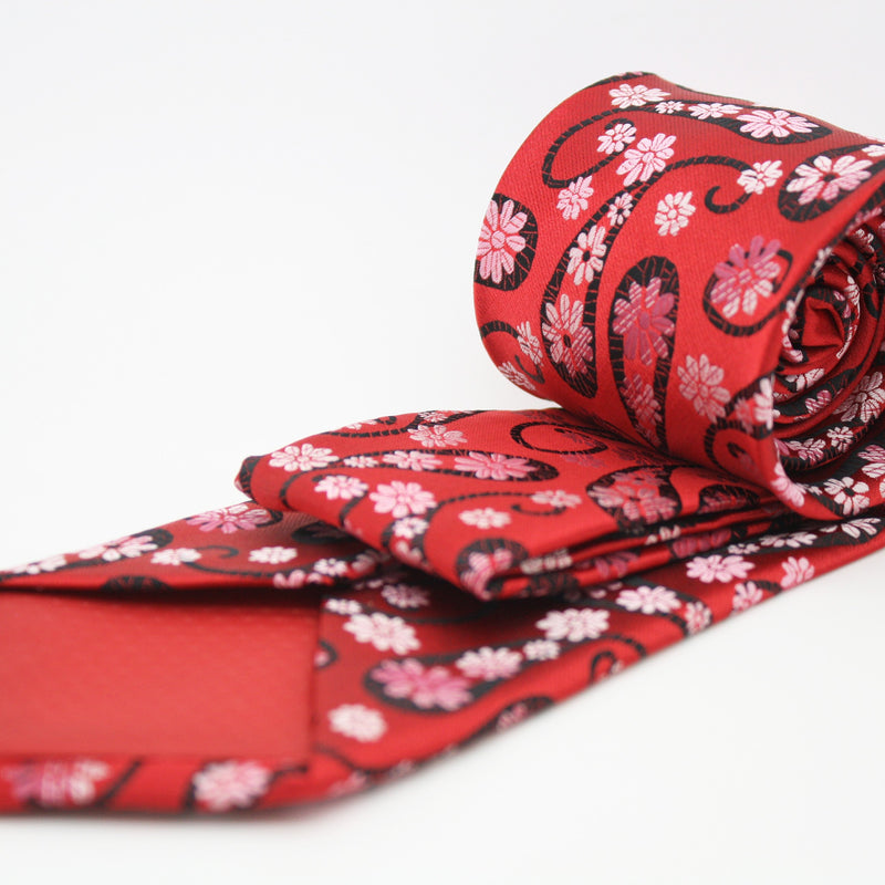 Mens Dads Classic Red Floral Pattern Business Casual Necktie & Hanky Set DF-4 - FHYINC best men's suits, tuxedos, formal men's wear wholesale