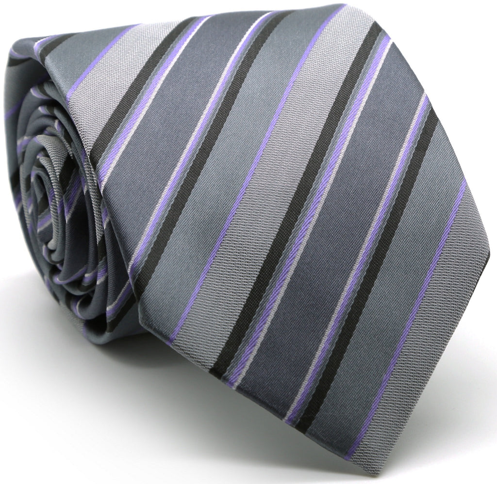 Mens Dads Classic Grey Striped Pattern Business Casual Necktie & Hanky Set DO-4 - FHYINC best men
