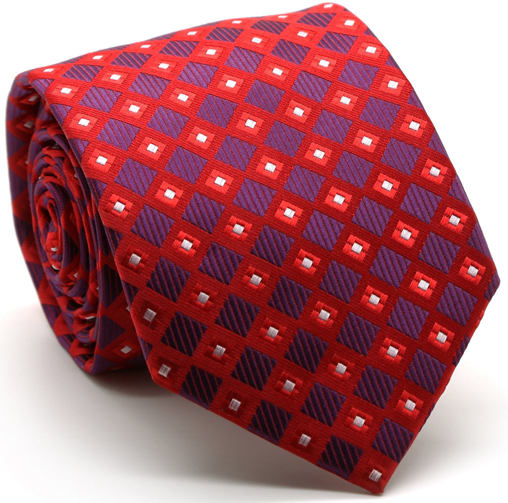 Mens Dads Classic Red Geometric Pattern Business Casual Necktie & Hanky Set E-10 - FHYINC best men
