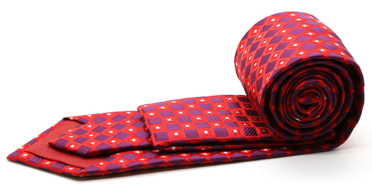 Mens Dads Classic Red Geometric Pattern Business Casual Necktie & Hanky Set E-10 - FHYINC best men's suits, tuxedos, formal men's wear wholesale