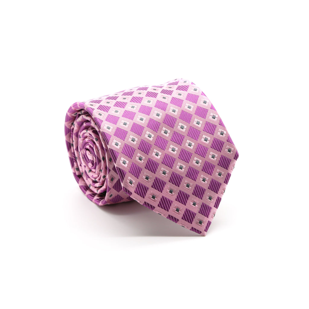 Mens Dads Classic Fuchsia Geometric Pattern Business Casual Necktie & Hanky Set E-5 - FHYINC best men