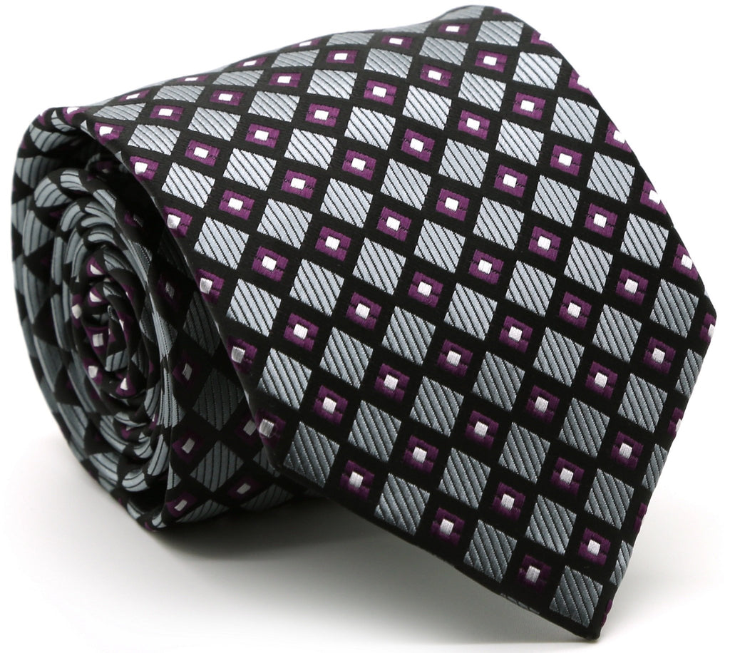 Mens Dads Classic Grey Geometric Pattern Business Casual Necktie & Hanky Set E-6 - FHYINC best men