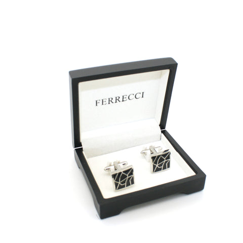 Silvertone Black Crackle Cuff Links With Jewelry Box