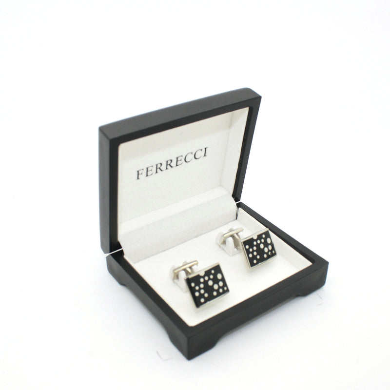 Silvertone Black Dot Design Cuff Links With Jewelry Box - FHYINC