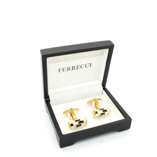 Goldtone Black & White Cuff Links With Jewelry Box - FHYINC