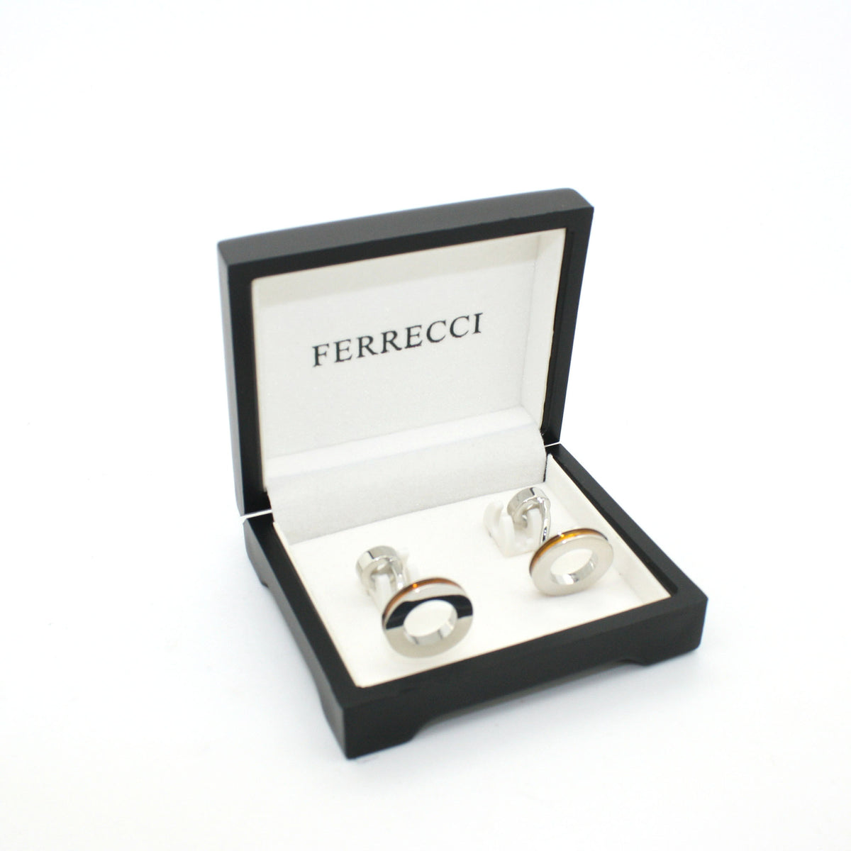 Silvertone Round Gold Lining Rectangle Cuff Links With Jewelry Box - FHYINC