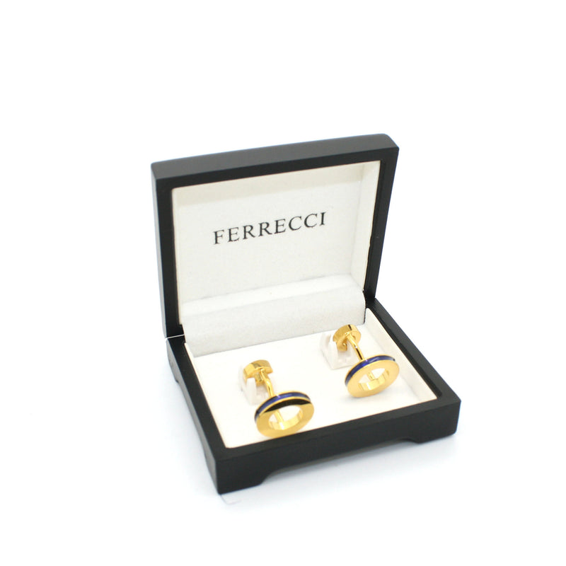 Goldtone Blue Round Lining Cuff Links With Jewelry Box - FHYINC