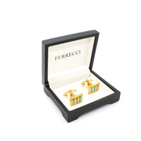 Goldtone Mint & Pink Stripe Cuff Links With Jewelry Box - FHYINC