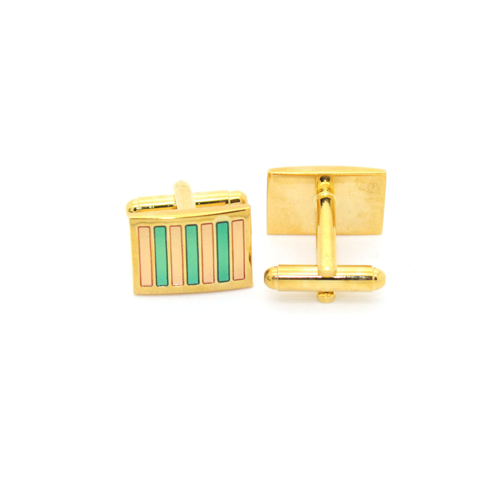 Goldtone Mint & Pink Stripe Cuff Links With Jewelry Box - FHYINC