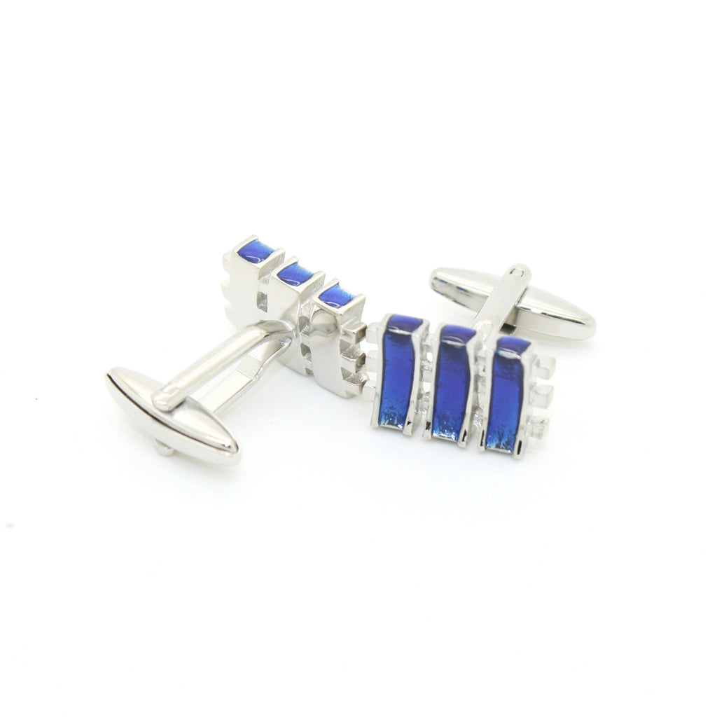 Silvertone Aqua Blue Criss Cross Cuff Links With Jewelry Box - FHYINC