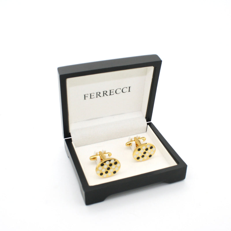Goldtone Black White Oval Cuff Links With Jewelry Box - FHYINC