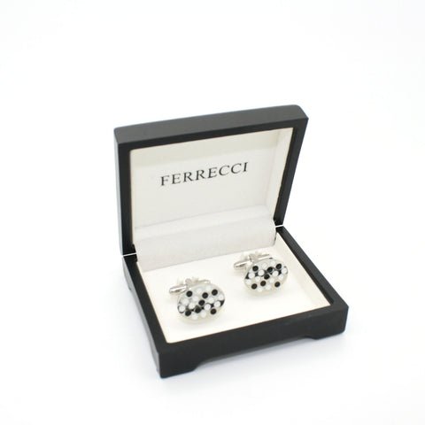 Silvertone Black White Oval Cuff Links With Jewelry Box