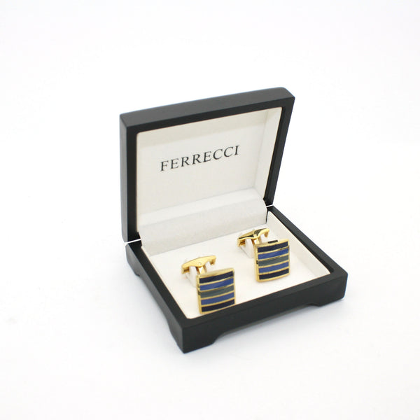 Goldtone Blue Stripe Cuff Links With Jewelry Box - FHYINC