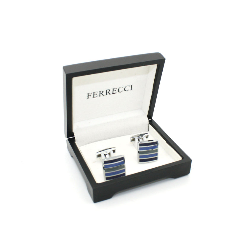 Silvertone Blue Stripe Cuff Links With Jewelry Box - FHYINC