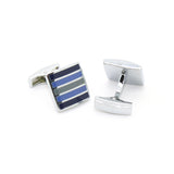 Silvertone Blue Stripe Cuff Links With Jewelry Box - FHYINC