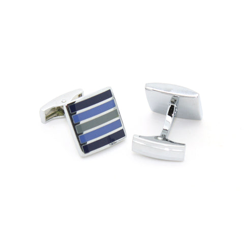Silvertone Blue Stripe Cuff Links With Jewelry Box