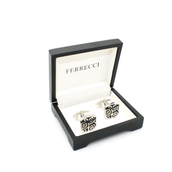 Silvertone Black Design Cuff Links With Jewelry Box - FHYINC