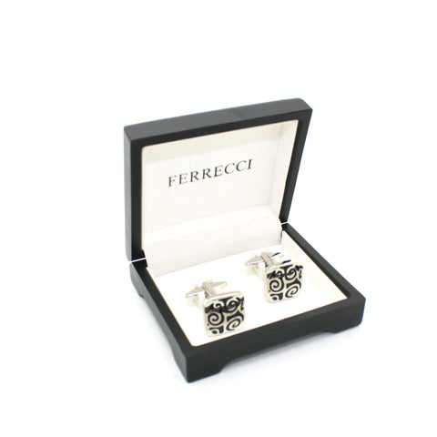 Silvertone Black Design Cuff Links With Jewelry Box