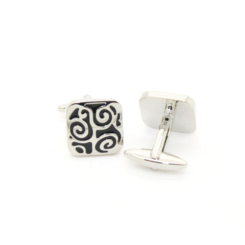 Silvertone Black Design Cuff Links With Jewelry Box