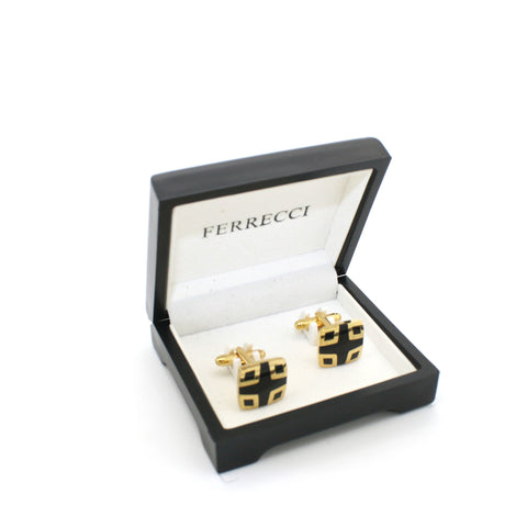 Goldtone Shield Black Cuff Links With Jewelry Box
