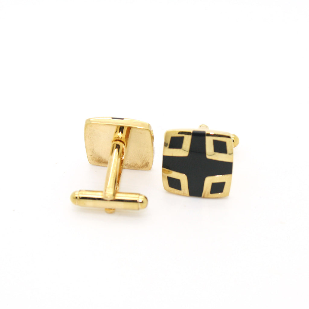 Goldtone Shield Black Cuff Links With Jewelry Box - FHYINC