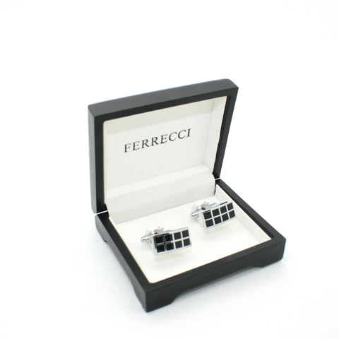 Silvertone Black Checker Rectangle Cuff Links With Jewelry Box