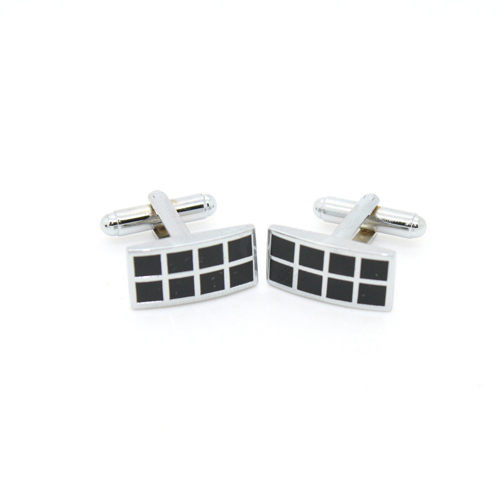 Silvertone Black Checker Rectangle Cuff Links With Jewelry Box - FHYINC