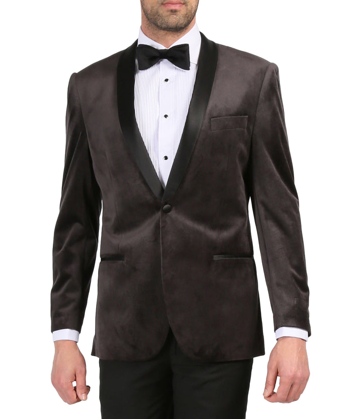 Enzo Grey Slim Fit Velvet Shawl Collar Tuxedo Blazer - FHYINC