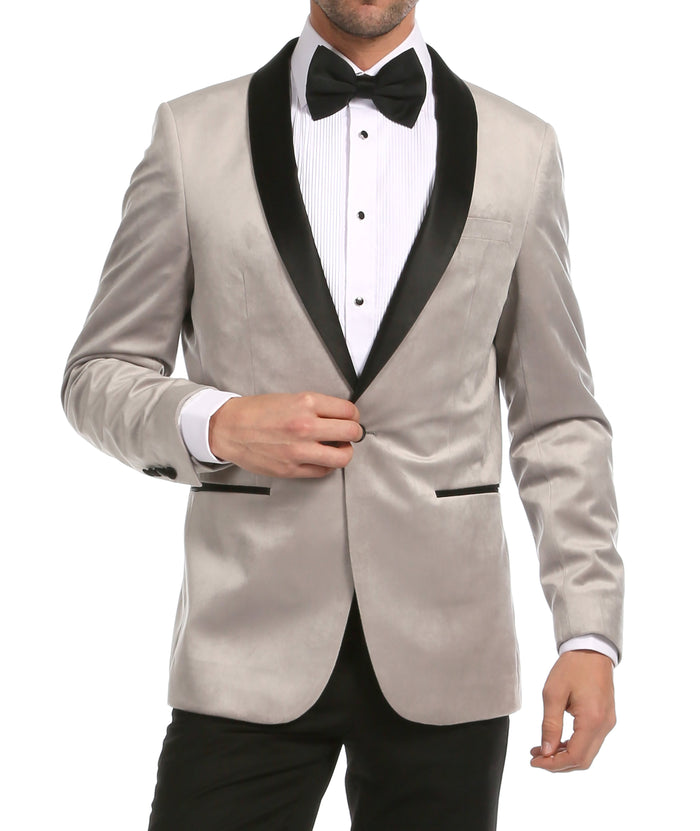 Enzo Light Grey Velvet Slim Fit Shawl Lapel Tuxedo Men's Blazer - FHYINC best men's suits, tuxedos, formal men's wear wholesale