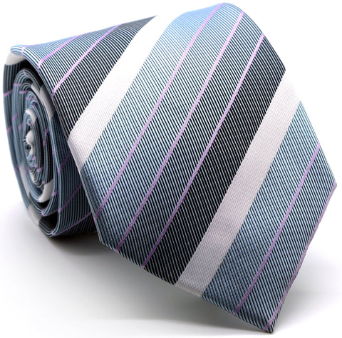 Mens Dads Classic Grey Striped Pattern Business Casual Necktie & Hanky Set EO-6