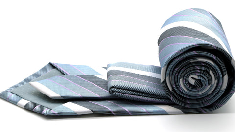 Mens Dads Classic Grey Striped Pattern Business Casual Necktie & Hanky Set EO-6