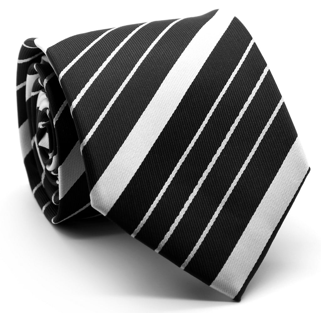 Mens Dads Classic Black Striped Pattern Business Casual Necktie & Hanky Set EO-8 - FHYINC best men